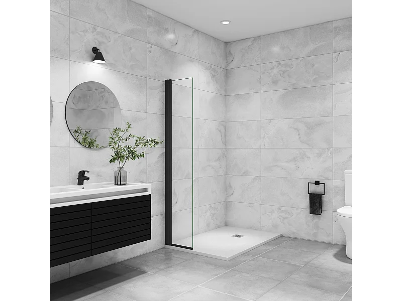 Paroi de douche italienne pivotante 45x200cm, paroi de douche retour pivotant mural en verre 8mm anticalcaire, profilé noir mat
