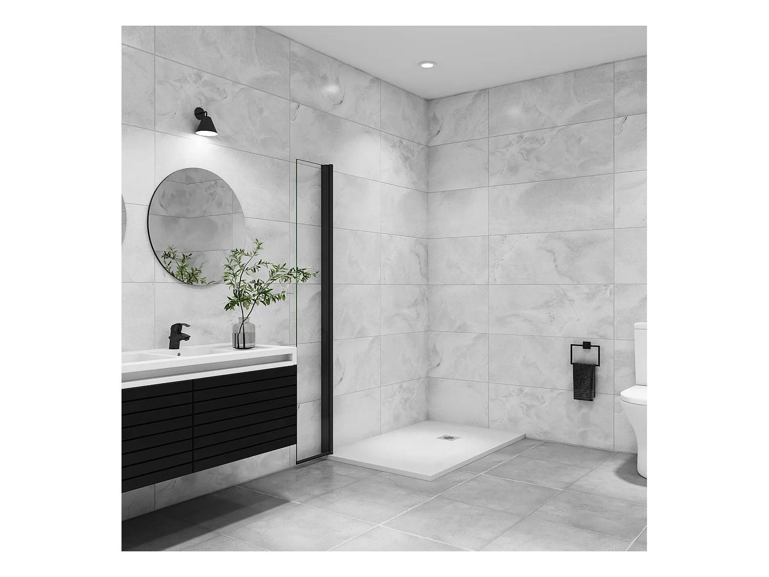 Paroi de douche italienne pivotante 45x200cm, paroi de douche retour pivotant mural en verre 8mm anticalcaire, profilé noir mat