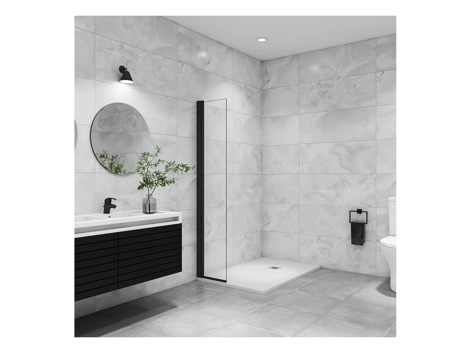 Paroi de douche italienne pivotante 45x200cm, paroi de douche retour pivotant mural en verre 8mm anticalcaire, profilé noir mat