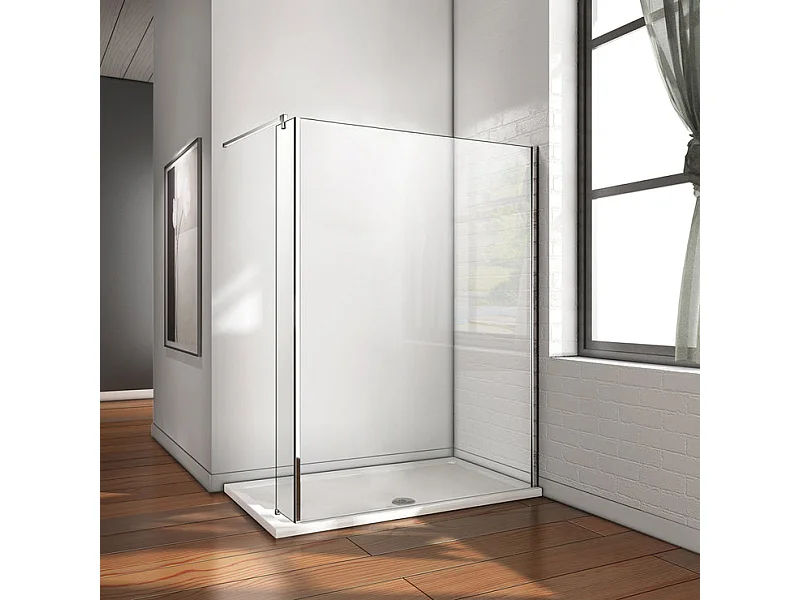 Paroi de douche à l'italienne avec retour pivotant fixé 130+25x200cm avec barre de fixation 90cm en carré, en 8mm verre anticalcaire