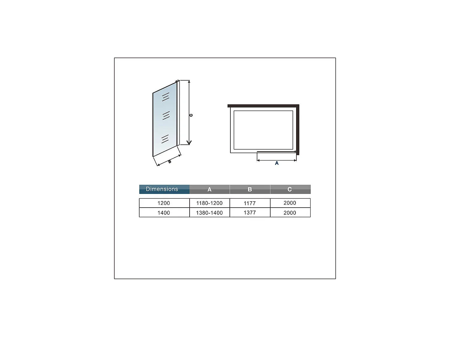 Paroi de douche grise 120x200cm à l'italienne avec barre de fixation 90cm recoupable, en 8mm verre trempé anticalcaire