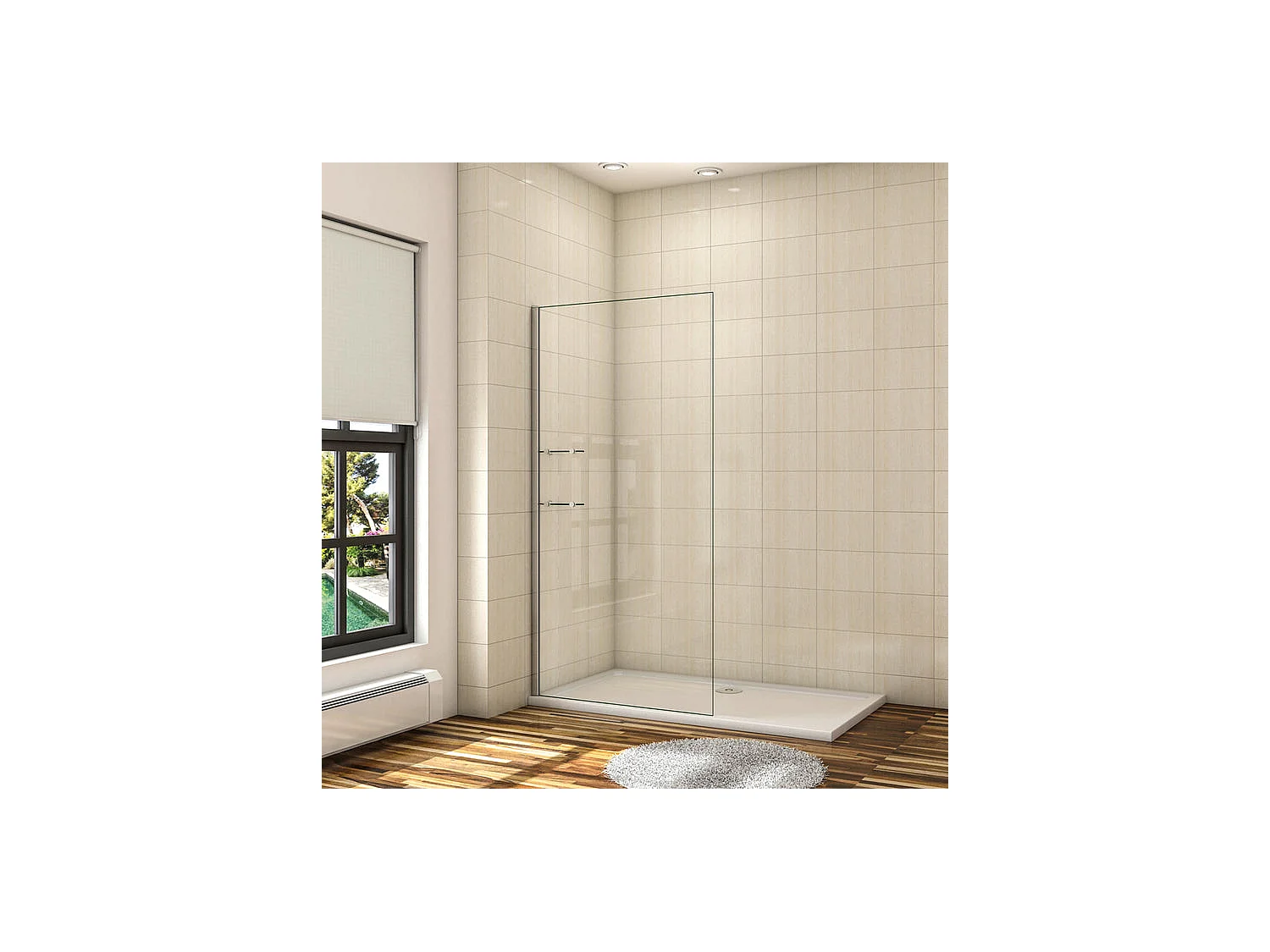 Paroi de douche à l'italienne 140x190cm en 8mm verre anticalcaire, avec 2 étagères en verre securit