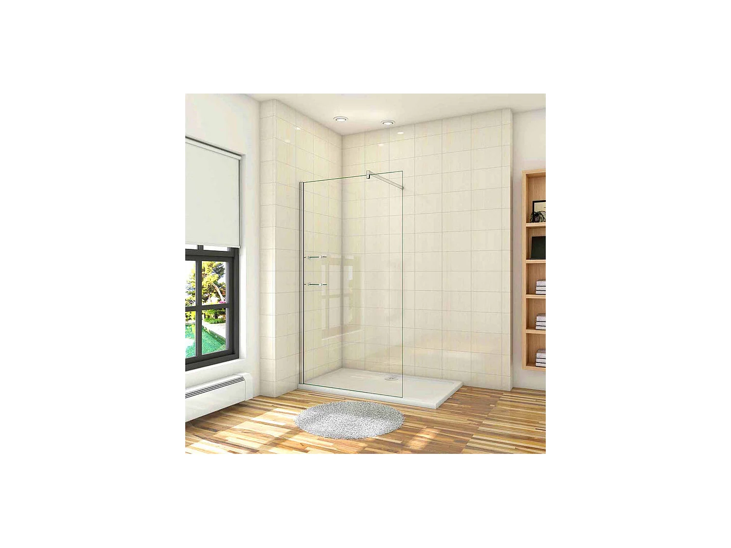 Paroi de douche à l'italienne 70x190cm avec étagères et barre de fixation 140cm en carré, en 8mm verre anticalcaire