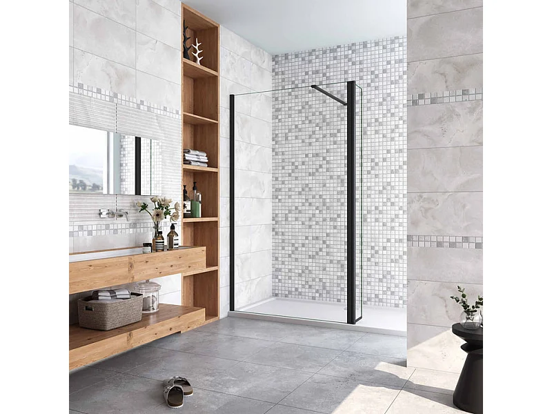 Paroi de douche à l'italienne avec retour pivotant 130+30x200cm avec barre de fixation 140cm recoupable - Noir Mat - 8mm verre anticalcaire