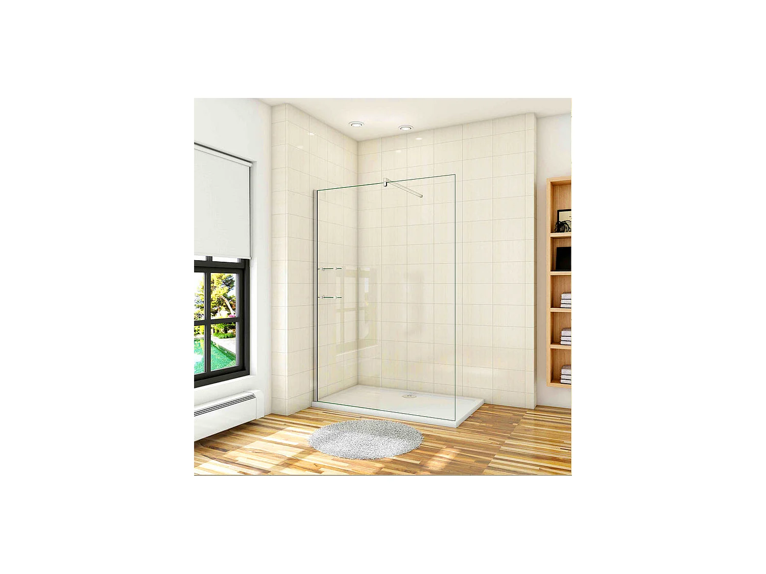 Paroi de douche à l'italienne 140x190cm avec étagères et barre de fixation 90cm en carré, en 8mm verre anticalcaire