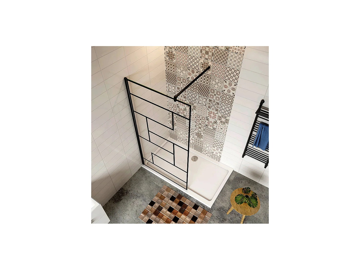 Paroi de douche 120x200cm fixe à l'italienne avec barre de fixation noire carrée 140cm, en 8mm verre anticalcaire style moderne