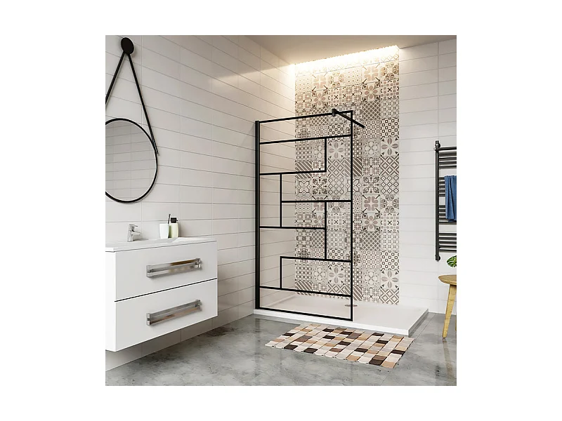 Paroi de douche 90x200cm fixe à l'italienne avec barre de fixation noire carrée 140cm, en 8mm verre anticalcaire style moderne