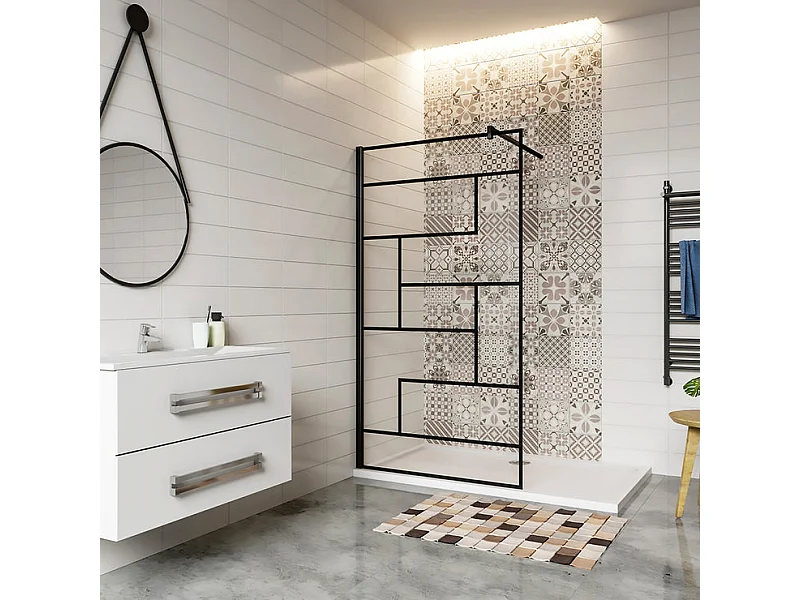 Paroi de douche 90x200cm fixe à l'italienne avec barre de fixation noire carrée 140cm, en 8mm verre anticalcaire style moderne