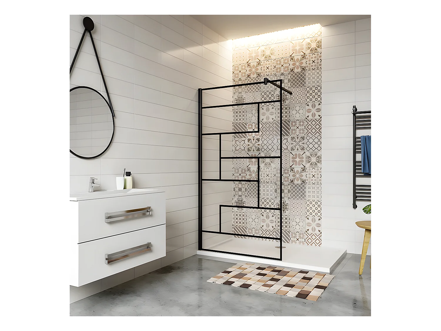 Paroi de douche 120x200cm fixe à l'italienne avec barre de fixation noire 70-120cm extensible, en 8mm verre anticalcaire style moderne