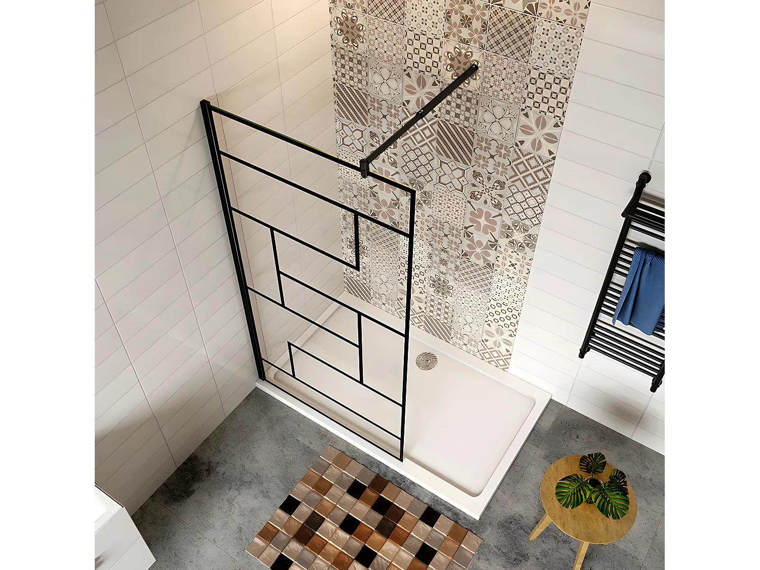 Paroi de douche 120x200cm fixe à l'italienne avec barre de fixation noire 70-120cm extensible, en 8mm verre anticalcaire style moderne