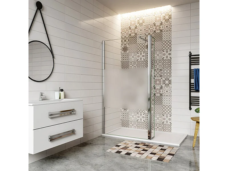 Paroi de douche à l'italienne verre dépoli au centre 100+30x200cm avec retour pivotant, avec barre de fixation 73-120cm