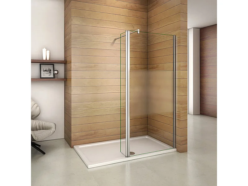 Paroi de douche à l'italienne verre dépoli au centre 100+40x200cm avec retour pivotant, avec barre de fixation 90cm en carré