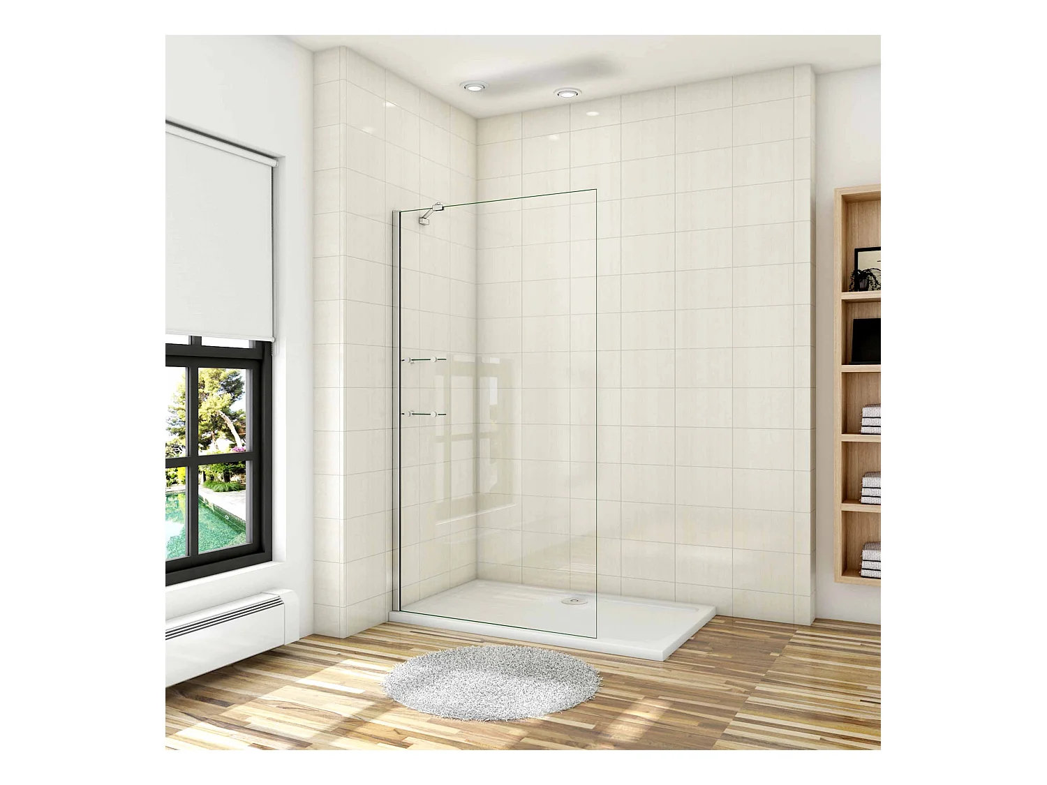 Paroi de douche à l'italienne 100x190cm avec étagères et barre de fixation 45cm la pince 360°, en 8mm verre anticalcaire