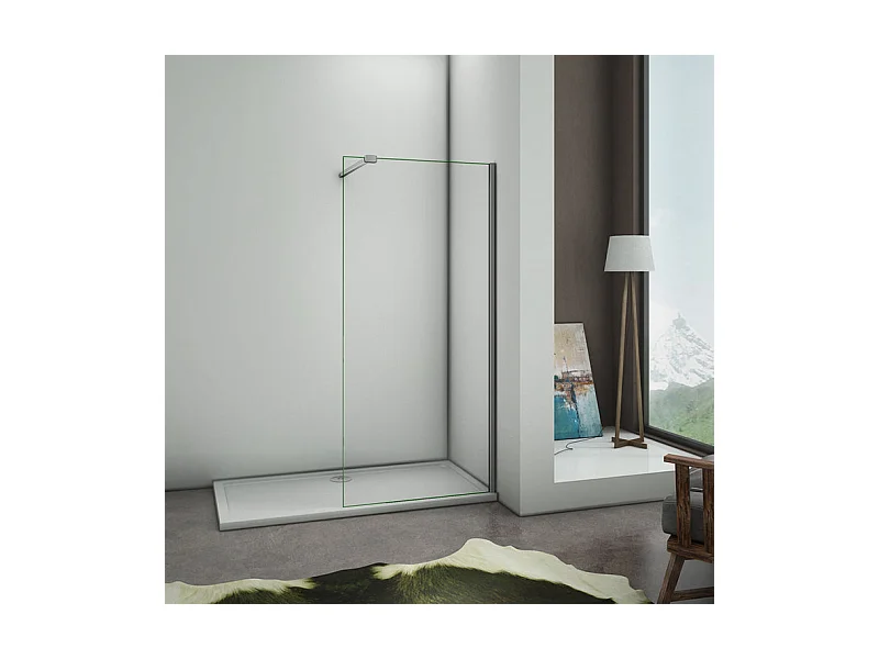 Paroi de douche à l'italienne 30x200cm avec barre de fixation 90cm avec grande pince - Chromé - Verre 8mm trempé transparent