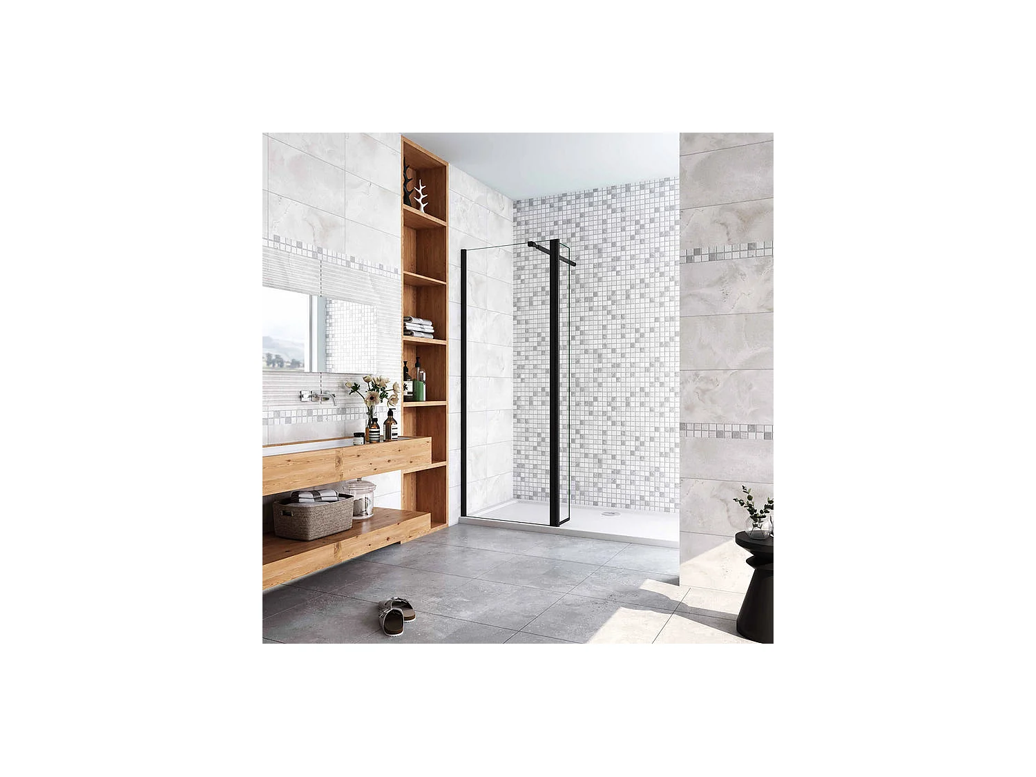 Inloopdouchewand met draaibare retour 90+30x200cm met vierkante bevestigingsstang 73-120cm - Mat Zwart - 8mm antikalk glas