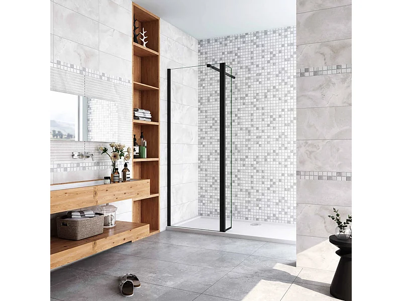 Paroi de douche à l'italienne avec retour pivotant 90+30x200cm avec barre de fixation 73-120cm en carré - Noir Mat - 8mm verre anticalcaire