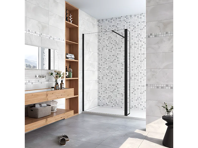 Stap in douchewand met roterende retour 140+30x200cm, voorzien van een 140cm opvouwbare bevestigingsstaf mat zwart -8mm anti scaling glas