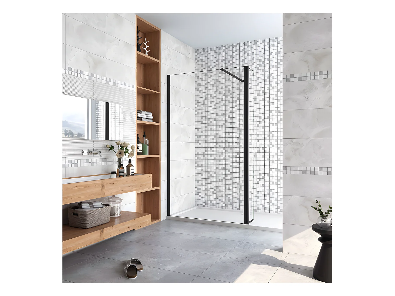 Paroi de douche à l'italienne avec retour pivotant 140+30x200cm avec barre de fixation 140cm recoupable - Noir Mat - 8mm verre anticalcaire