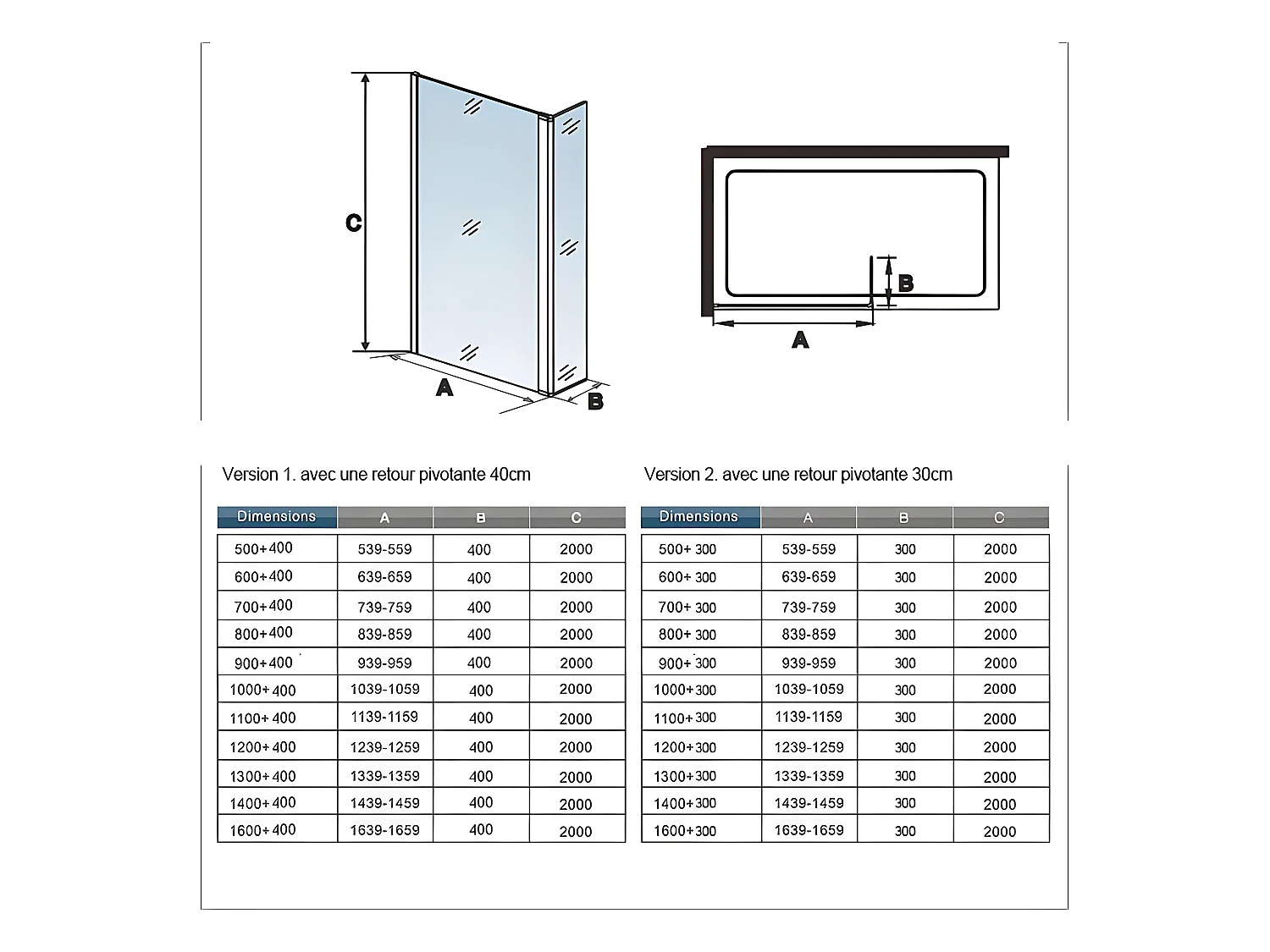 Paroi de douche à l'italienne avec retour pivotant 110+30x200cm avec barre de fixation 140cm recoupable - Noir Mat - 8mm verre anticalcaire