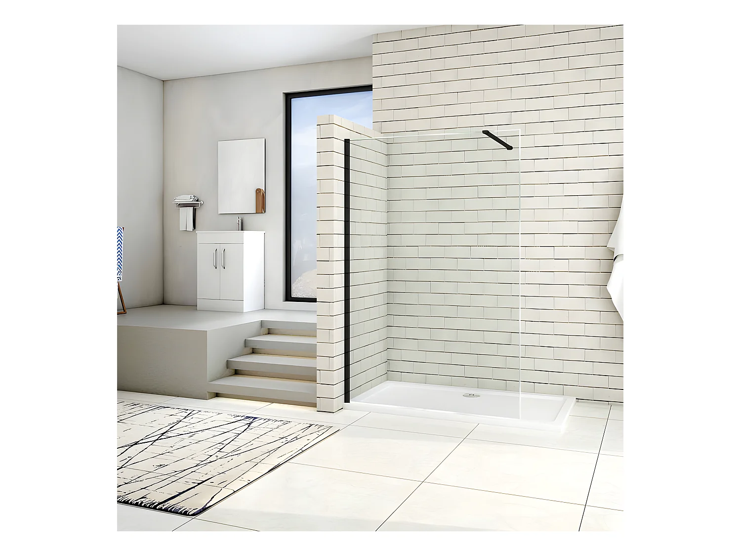 Paroi de douche à l'italienne 110x200cm en verre 8mm securit anticalcaire, avec barre de fixation 90cm recoupable - Noir Mat