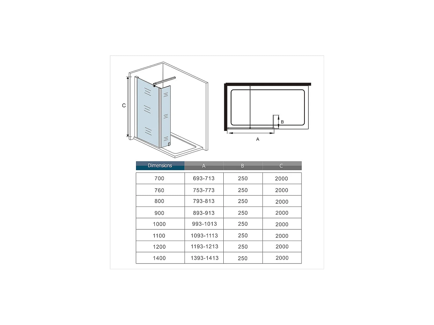Inloopdouchewand met vaste draaibare retour 150+25x200cm met 90cm vierkante bevestigingsstang, in 8mm antikalkglas