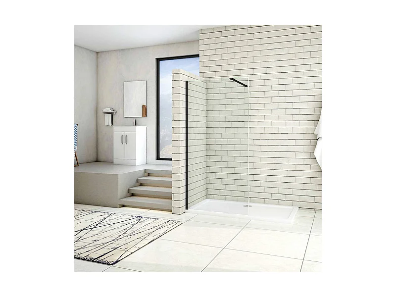 Paroi de douche à l'italienne 90x200cm en verre 8mm securit anticalcaire, avec barre de fixation 90cm recoupable - Noir Mat