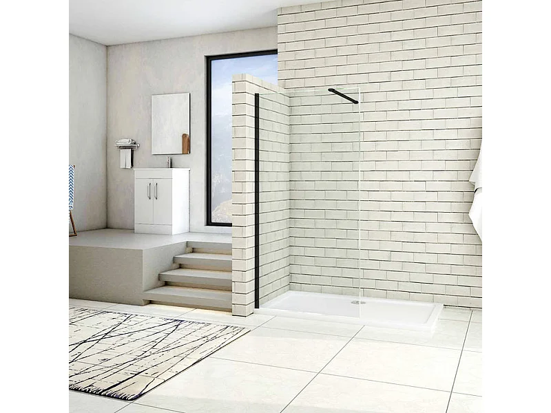 Paroi de douche à l'italienne 90x200cm en verre 8mm securit anticalcaire, avec barre de fixation 90cm recoupable - Noir Mat