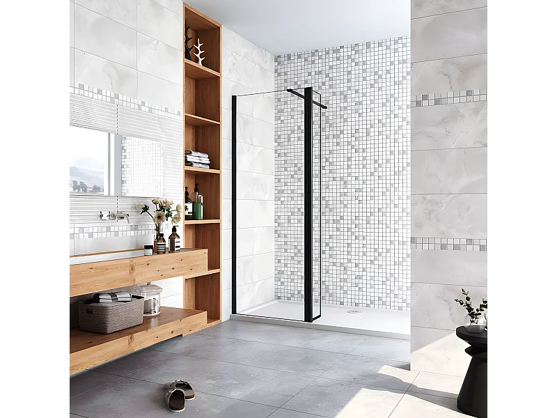 Paroi de douche à l'italienne avec retour pivotant 90+30x200cm avec barre de fixation 140cm recoupable - Noir Mat - 8mm verre anticalcaire