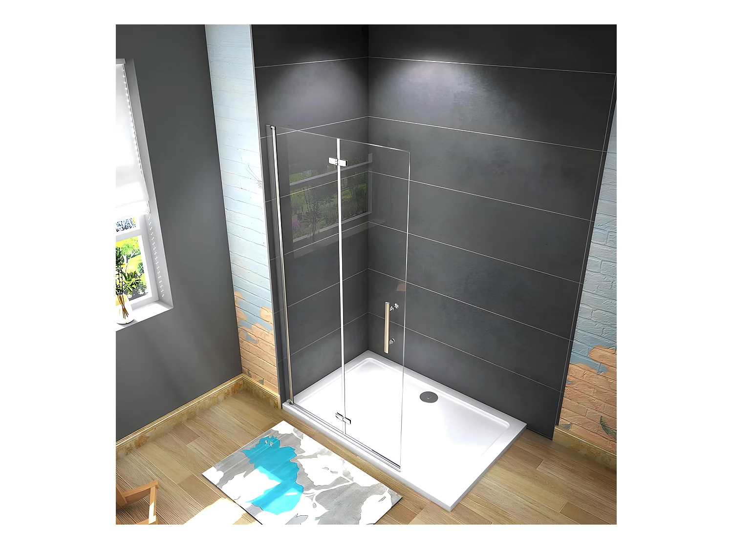 Paroi de douche pivotante 95x185cm paroi de douche à l'italienne pliante en verre 6mm anticalcaire, avec poignée en inox