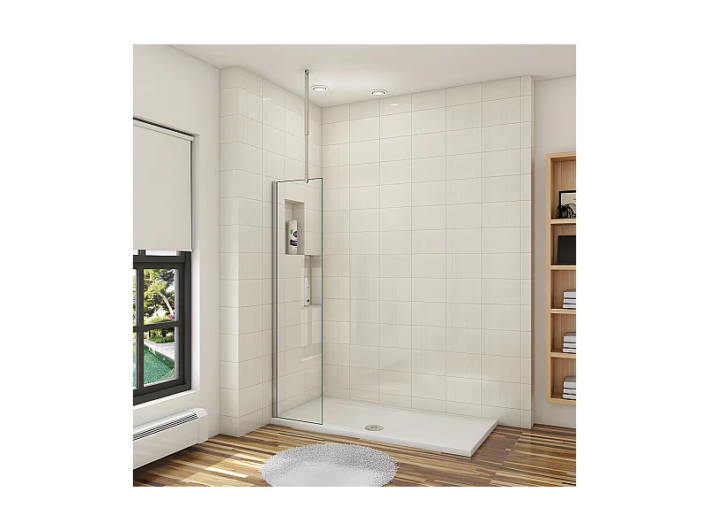 Paroi de douche à l'italienne 30x200cm avec barre de fixation au plafond 90-150cm - Chromé - Verre 8mm trempé transparent