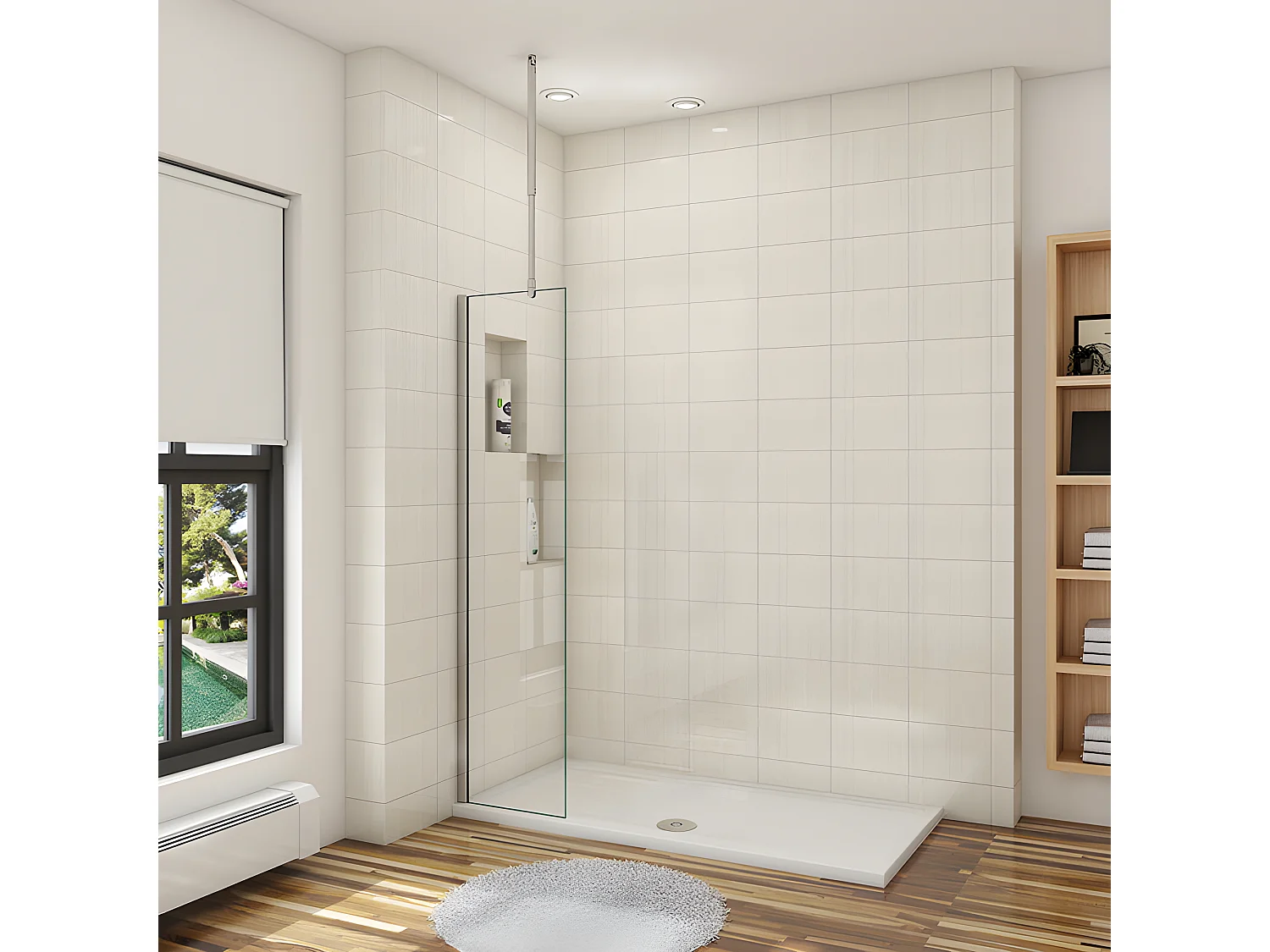 Paroi de douche à l'italienne 30x200cm avec barre de fixation au plafond 90-150cm - Chromé - Verre 8mm trempé transparent
