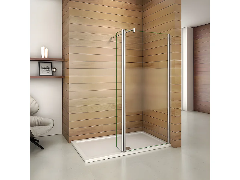 Paroi de douche à l'italienne verre dépoli au centre 110+40x200cm avec retour pivotant, avec barre de fixation 90cm en carré
