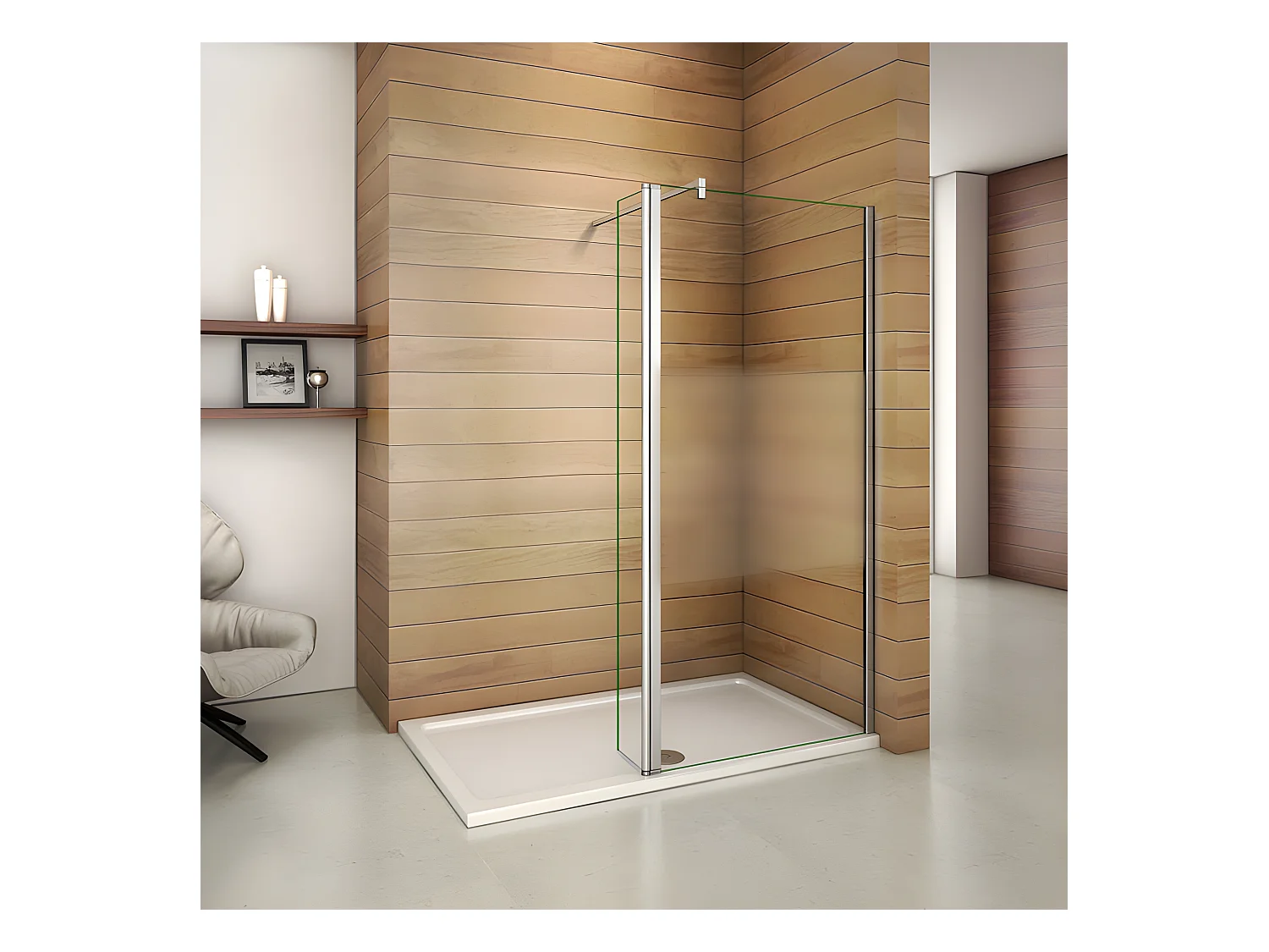 Paroi de douche à l'italienne verre dépoli au centre 110+40x200cm avec retour pivotant, avec barre de fixation 90cm en carré