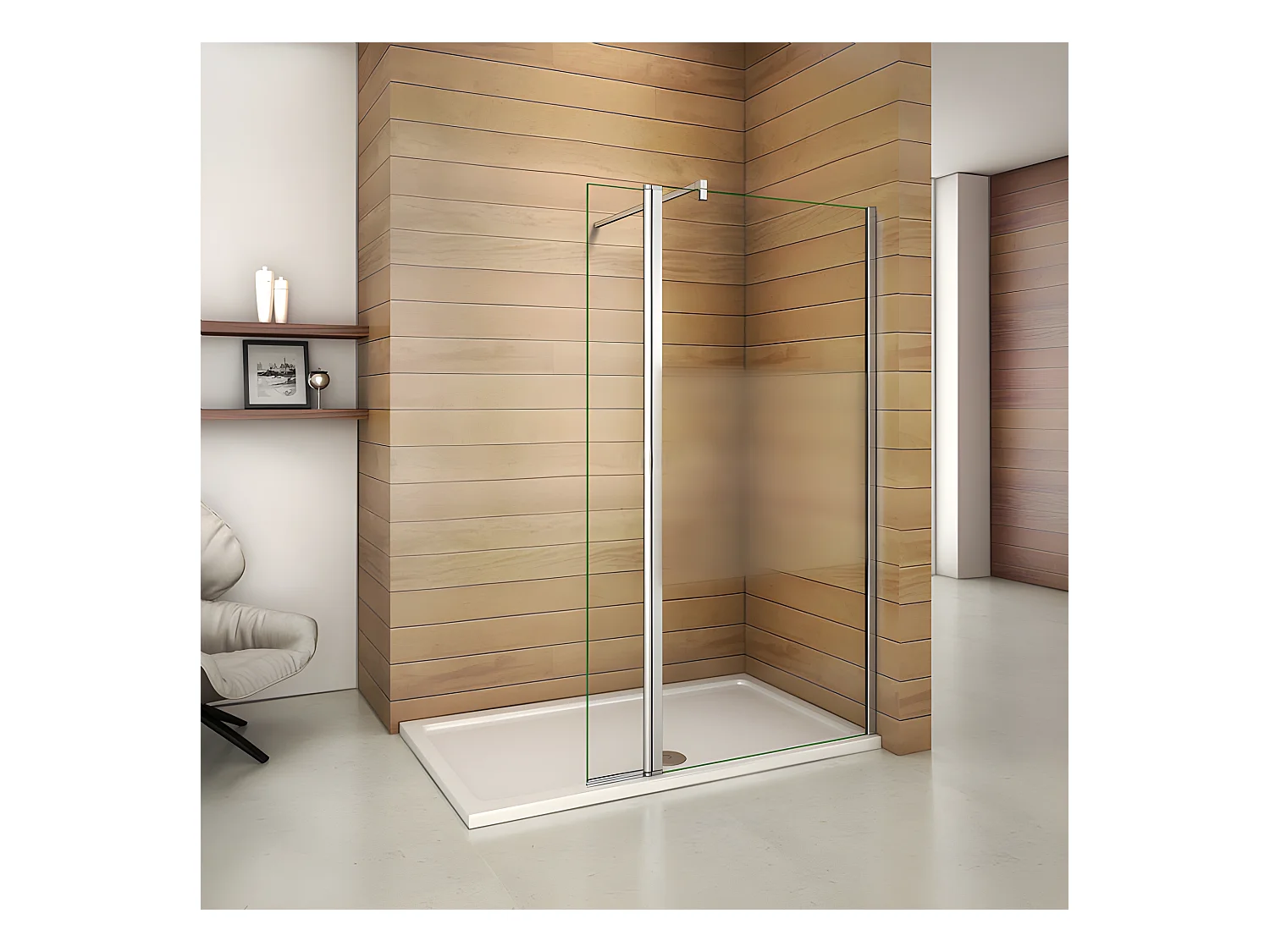 Paroi de douche à l'italienne verre dépoli au centre 110+40x200cm avec retour pivotant, avec barre de fixation 90cm en carré