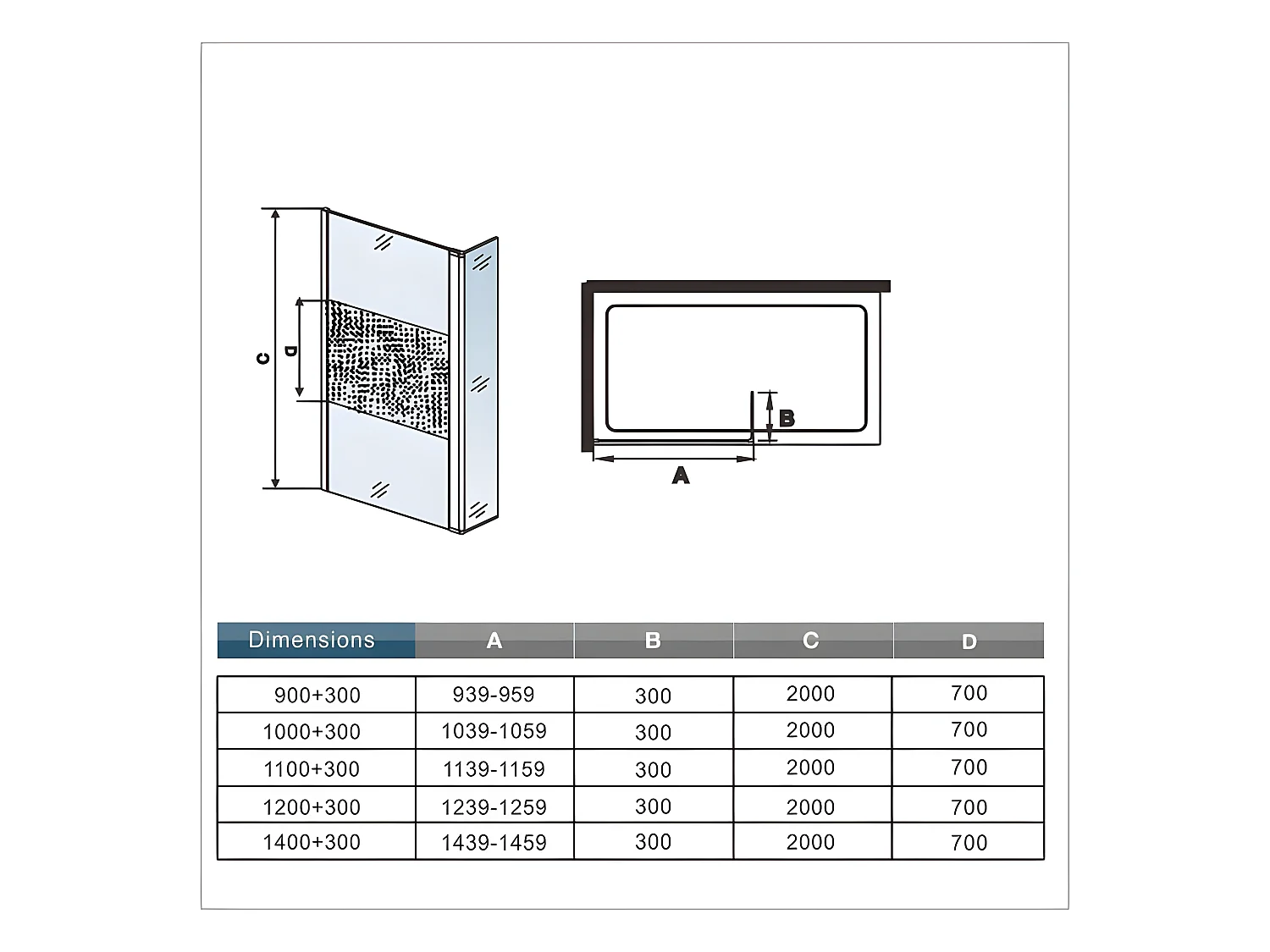 Paroi de douche à l'italienne verre dépoli au centre 110+40x200cm avec retour pivotant, avec barre de fixation 90cm en carré