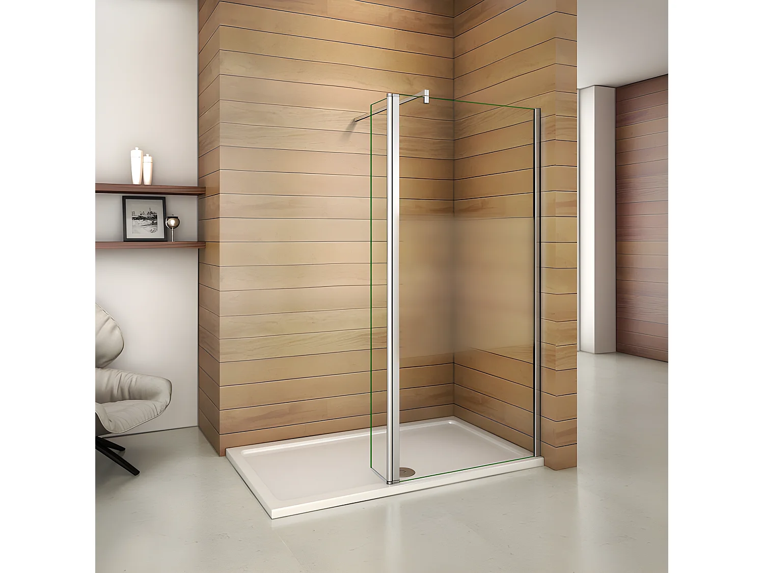 Paroi de douche à l'italienne verre dépoli au centre 110+40x200cm avec retour pivotant, avec barre de fixation 90cm en carré