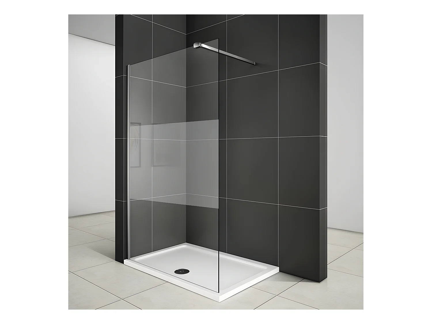 Paroi de douche à l'italienne 120x200cm avec barre de fixation 90cm pince renforcée, en 8mm verre bande centrale dépolie
