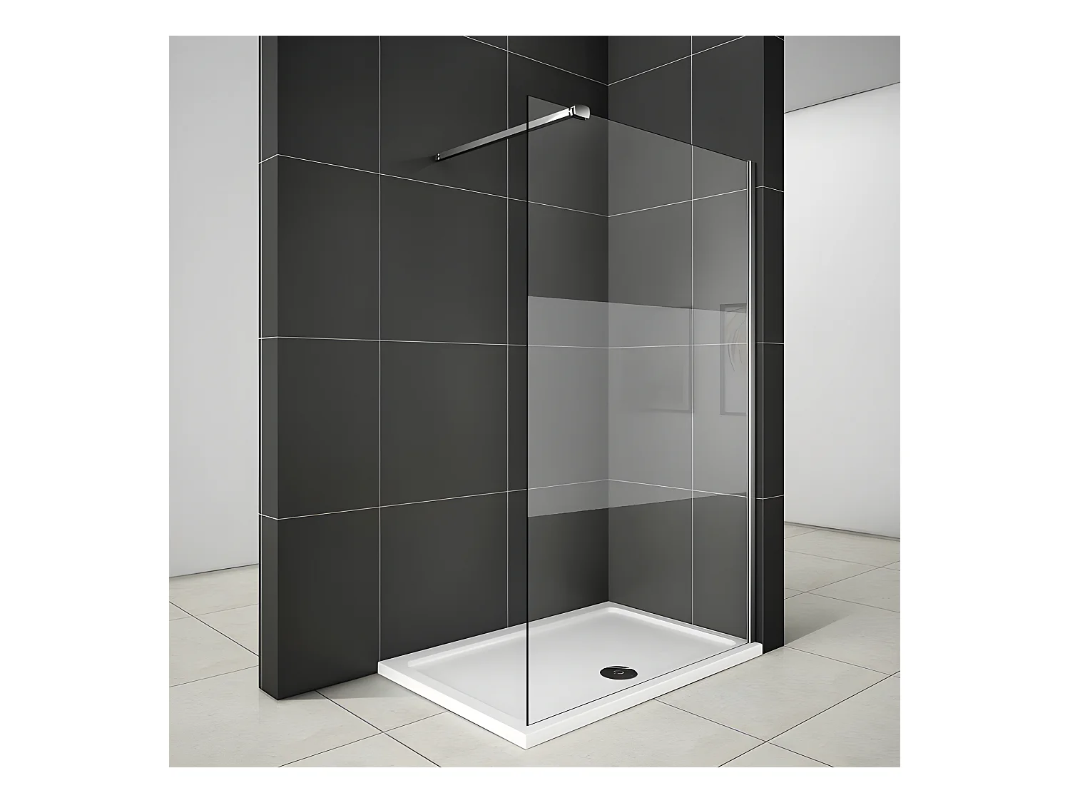 Inloopdouchewand 120x200cm met 90cm bevestigingsstang, versterkte klem, in 8mm gematteerd middenstrookglas