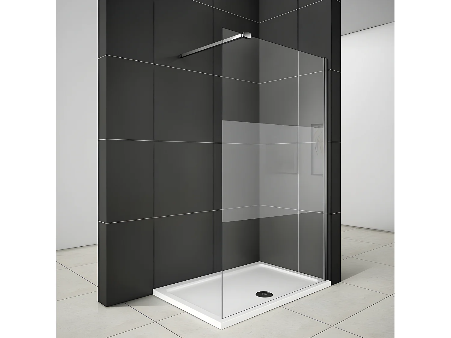 Paroi de douche à l'italienne 120x200cm avec barre de fixation 90cm pince renforcée, en 8mm verre bande centrale dépolie