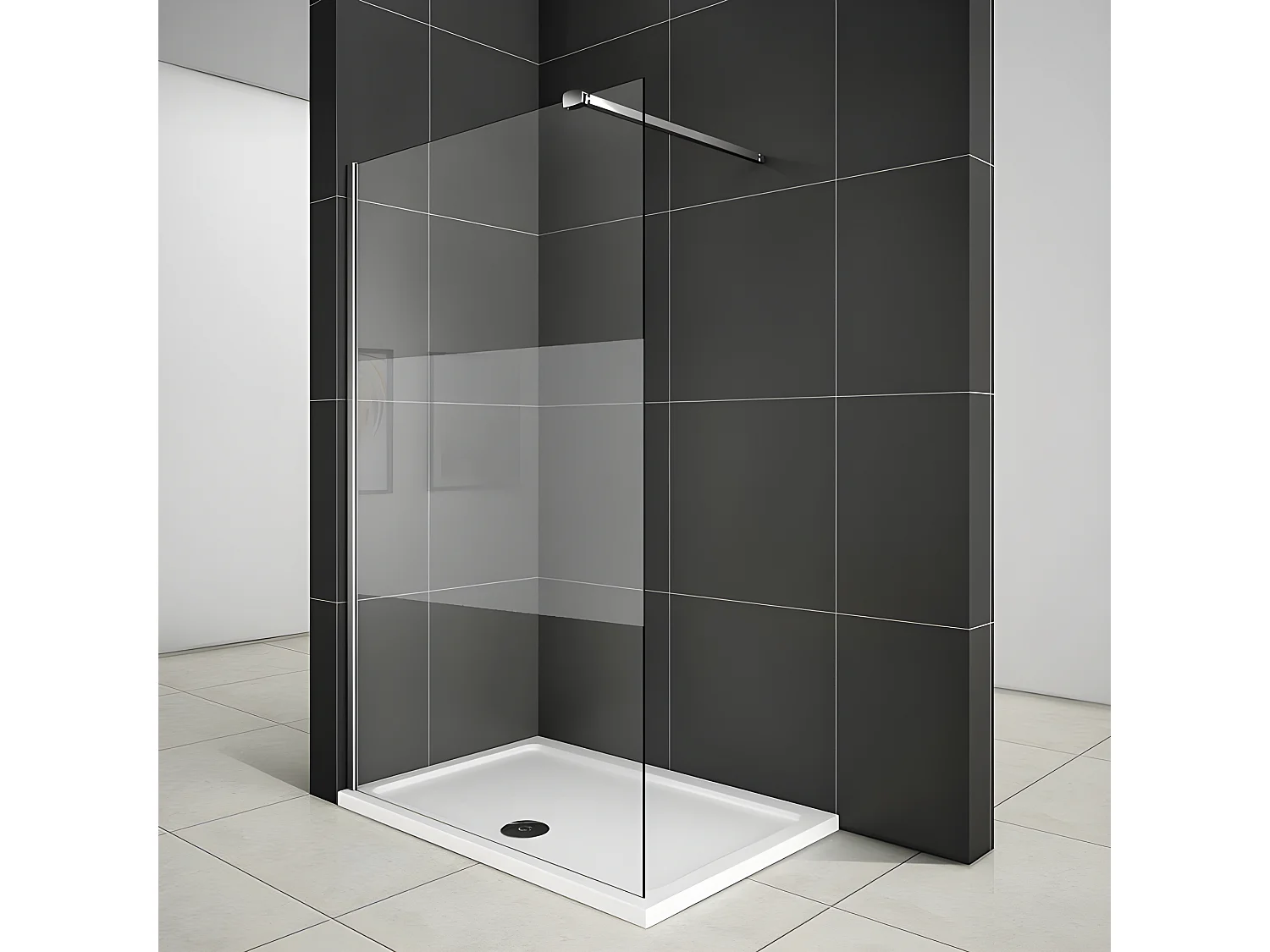 Paroi de douche à l'italienne 120x200cm avec barre de fixation 90cm pince renforcée, en 8mm verre bande centrale dépolie