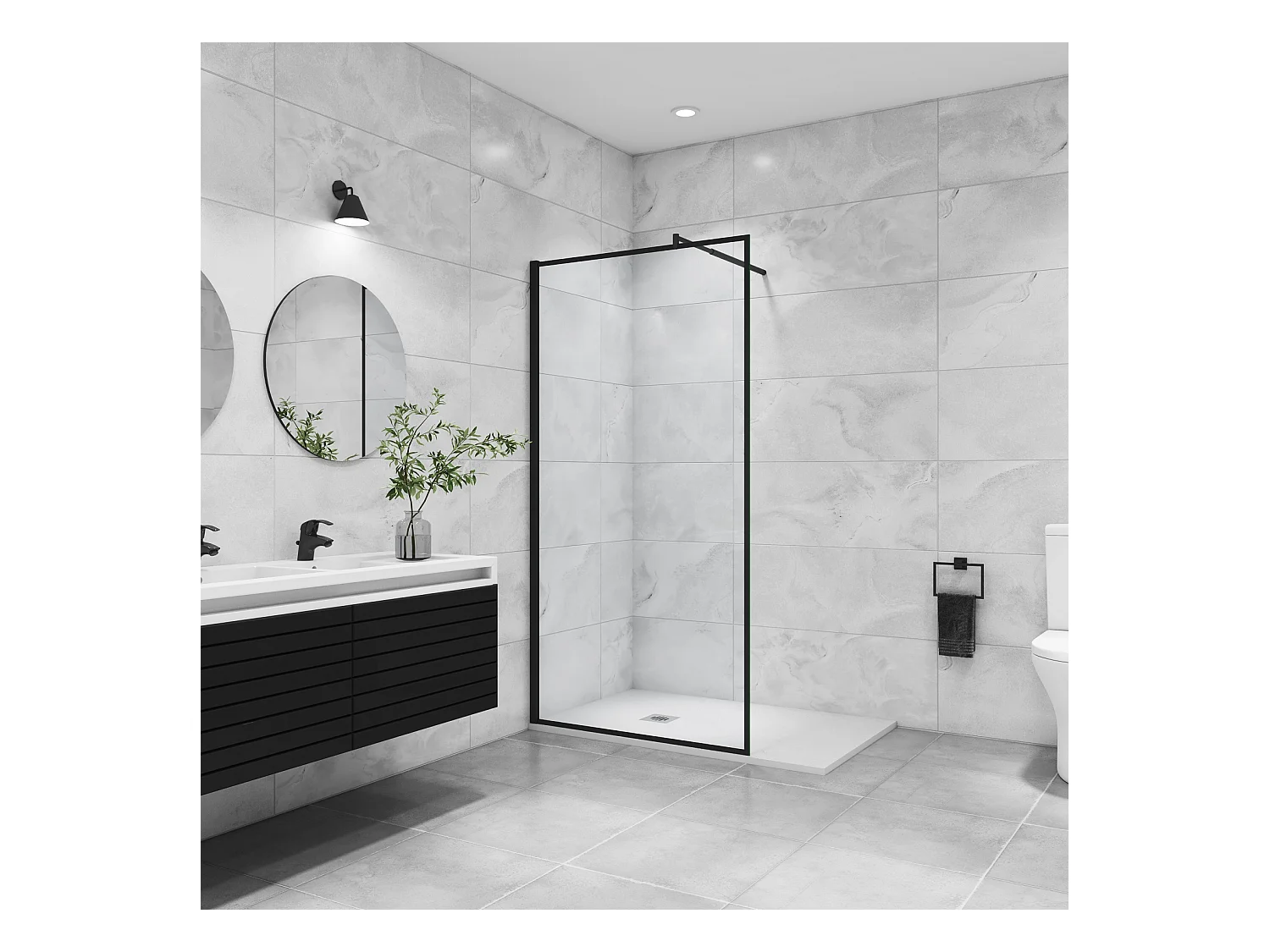 Paroi de douche noire 140x200cm à l'italienne avec barre de fixation noire 70-120cm en cylindrique, en 8mm verre trempé anticalcaire