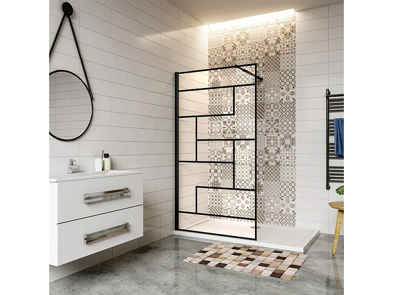 Paroi de douche 80x200cm fixe à l'italienne avec barre de fixation noire carrée 73-120cm extensible, en 8mm verre anticalcaire style moderne