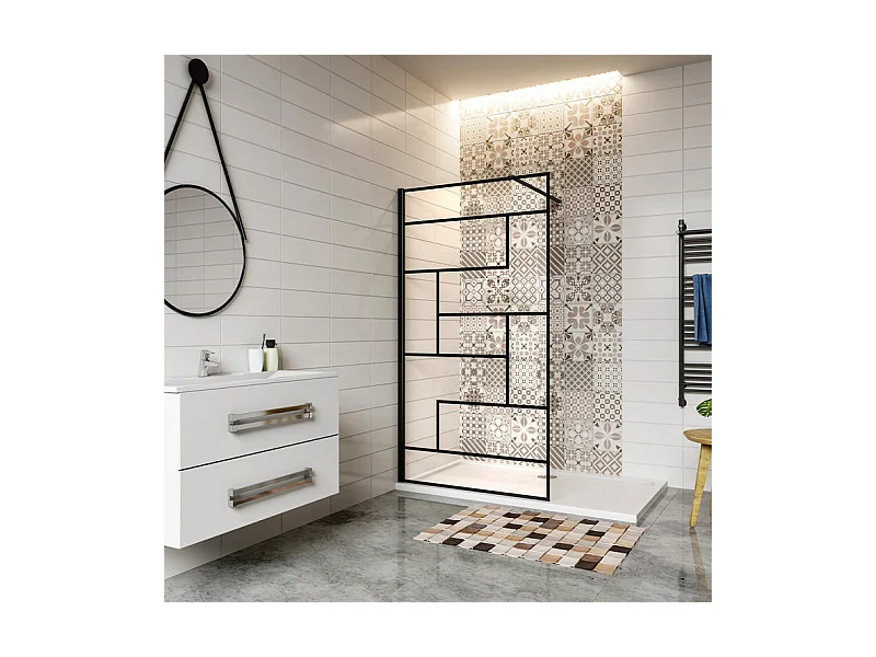 Paroi de douche 80x200cm fixe à l'italienne avec barre de fixation noire 90cm, en 8mm verre anticalcaire style moderne
