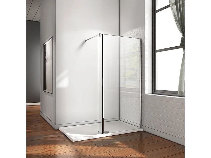 Paroi de douche à l'italienne avec retour pivotant fixé 90+25x200cm avec barre de fixation 90cm en carré, en 8mm verre anticalcaire