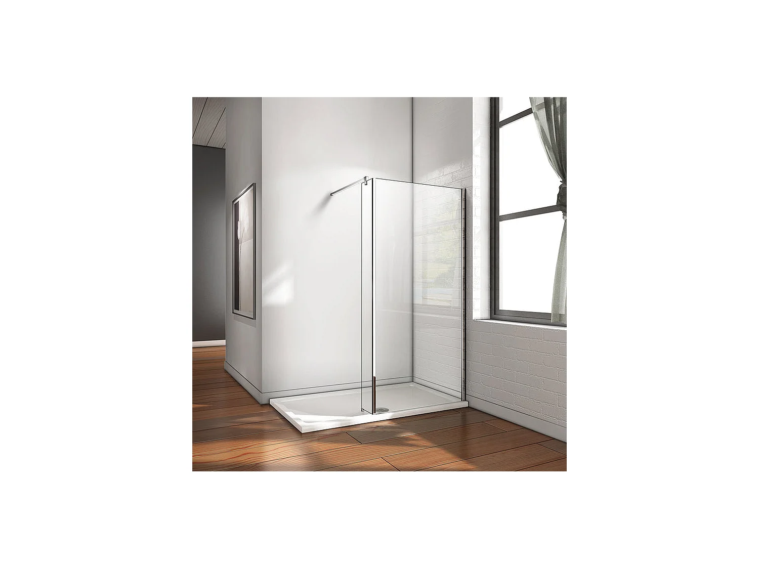 Paroi de douche à l'italienne avec retour pivotant fixé 90+25x200cm avec barre de fixation 90cm en carré, en 8mm verre anticalcaire