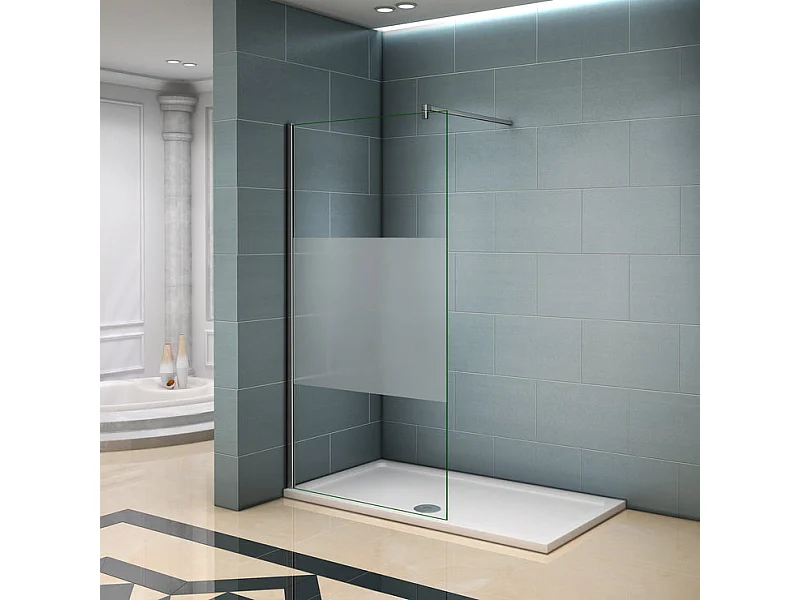 Paroi de douche à l'italienne 120x200cm avec barre de fixation 140cm en carré, en 8mm verre bande centrale dépolie