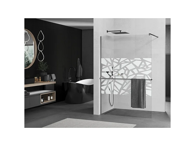 Mexen Kioto+ parede de duche com prateleira Walk-in 140 x 200 cm, padrão branco, metal anodizado - 800-140-121-95-85
