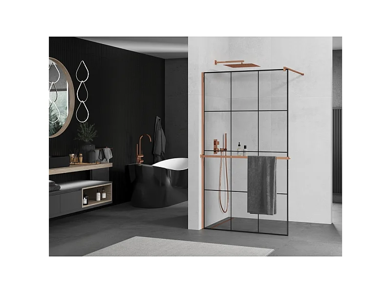 Mexen Kioto+ cloison de douche avec étagère Walk-in 120 x 200 cm, grille noire, or rose - 800-120-121-60-77