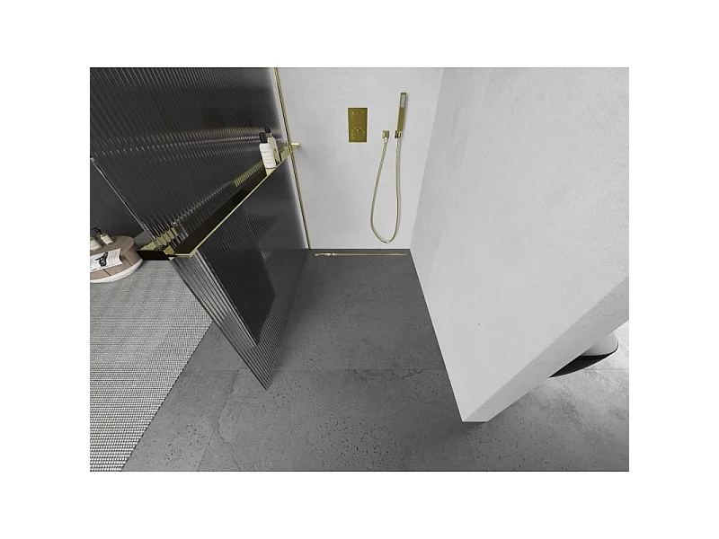 Mexen Kioto+ L cloison de douche avec étagère Walk-in 100 x 200 cm, rayures, or - 800-100-123-50-09