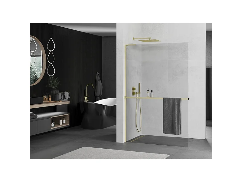 Mexen Kioto+ L brusevæg med hylde Walk-in 85 x 200 cm, transparent, guld - 800-085-123-50-00